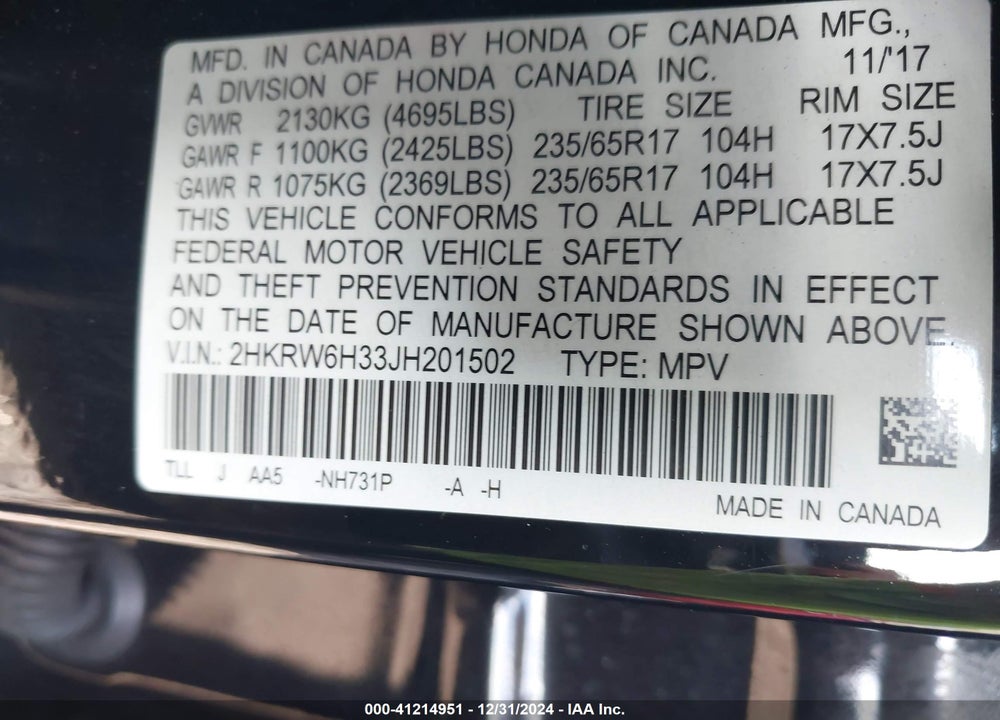 2018 HONDA CR-V LX VIN: 2HKRW6H33JH201502