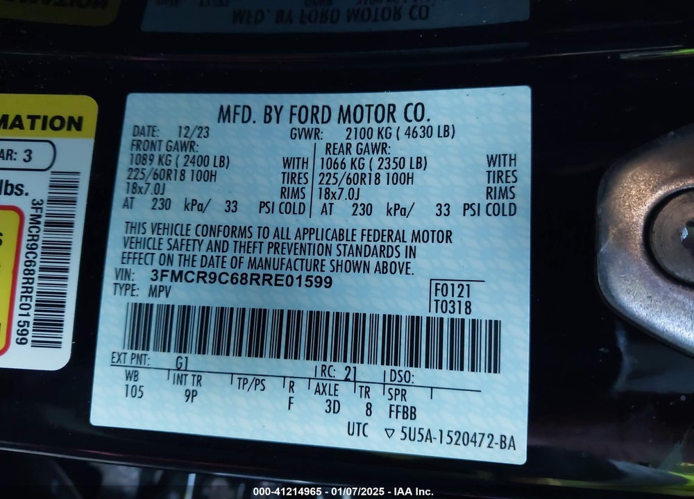 2024 FORD BRONCO SPORT VIN: 3FMCR9C68RRE01599
