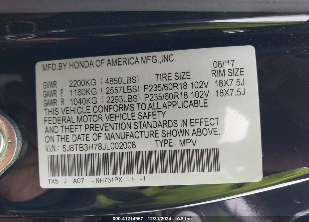 2018 ACURA RDX VIN: 5J8TB3H78JL002008