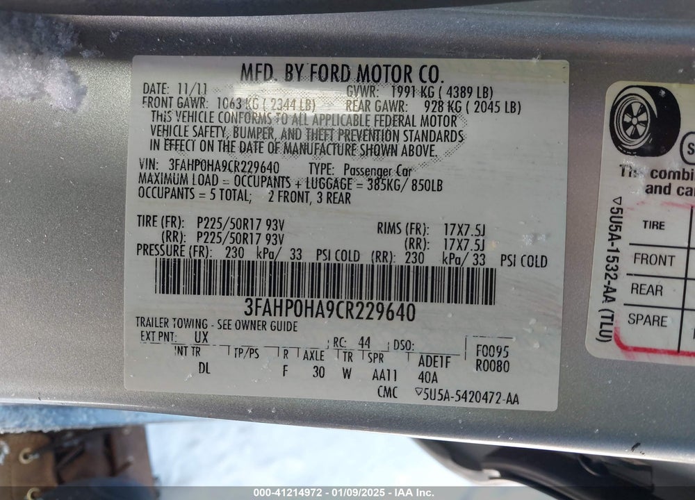 2012 FORD FUSION SE VIN: 3FAHP0HA9CR229640