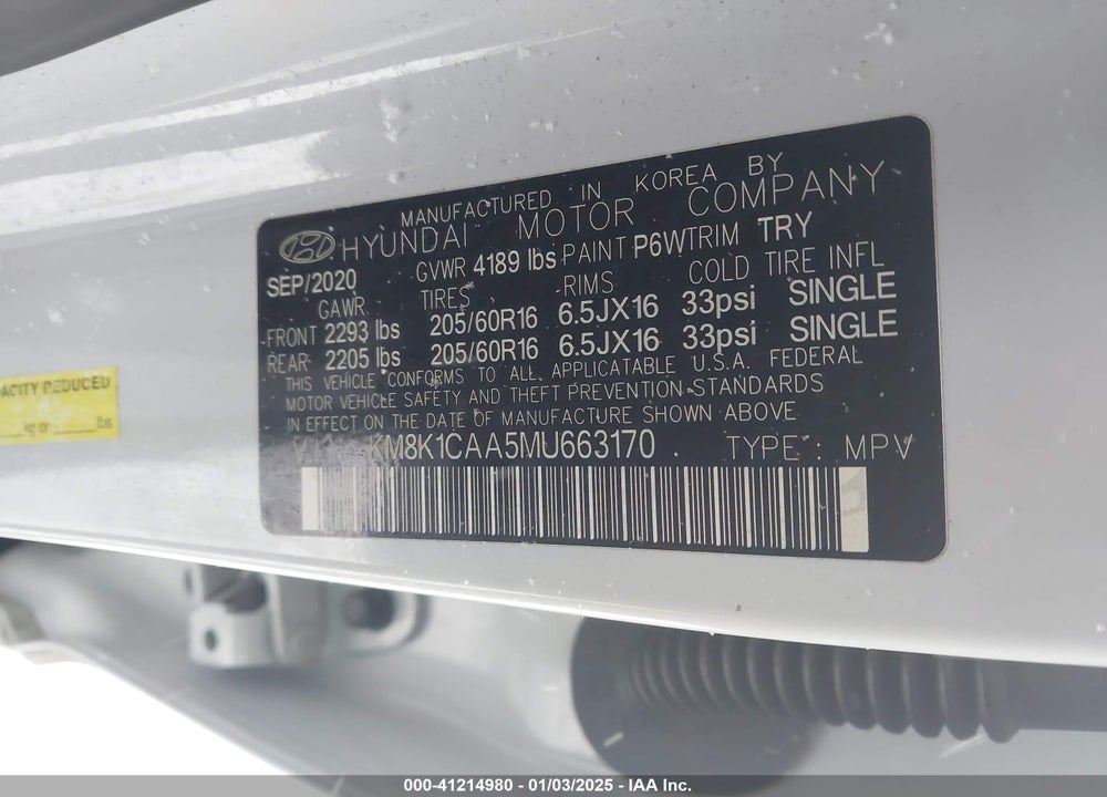 2021 HYUNDAI KONA SE VIN: KM8K1CAA5MU663170