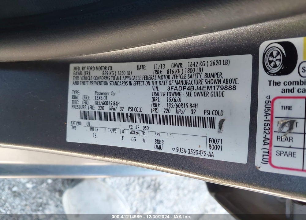 2014 FORD FIESTA SE VIN: 3FADP4BJ4EM179888