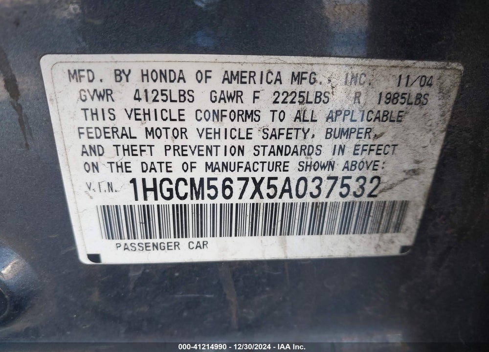 2005 HONDA ACCORD 2.4 EX VIN: 1HGCM567X5A037532