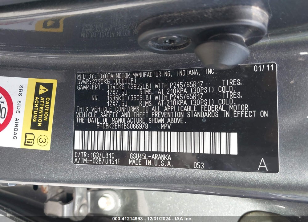 2011 TOYOTA HIGHLANDER VIN: 5TDBK3EH1BS066978