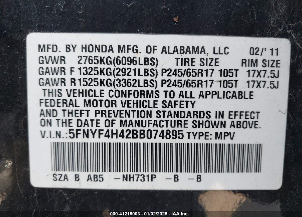 2011 HONDA PILOT EX VIN: 5FNYF4H42BB074895