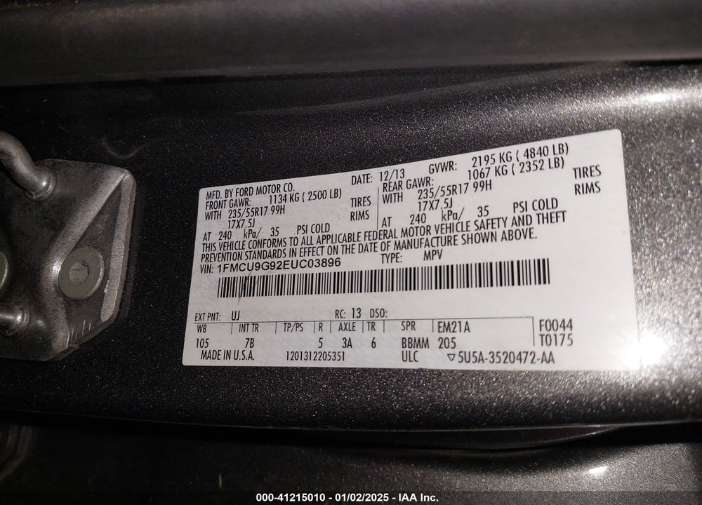 2014 FORD ESCAPE SE VIN: 1FMCU9G92EUC03896