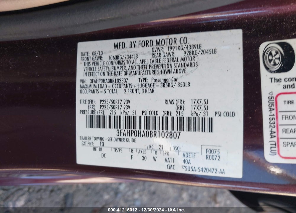 2011 FORD FUSION SE VIN: 3FAHP0HA0BR102807