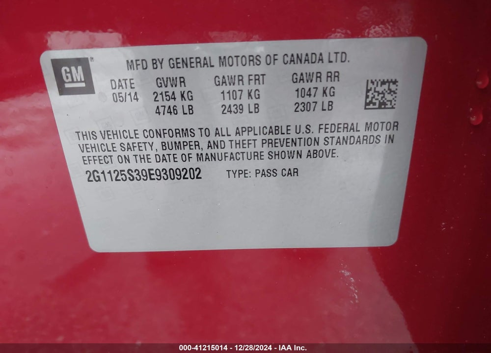 2014 CHEVROLET IMPALA 2LT VIN: 2G1125S39E9309202
