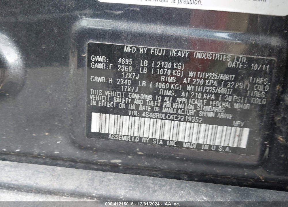 2012 SUBARU OUTBACK 3.6R LIMITED VIN: 4S4BRDLC6C2219352