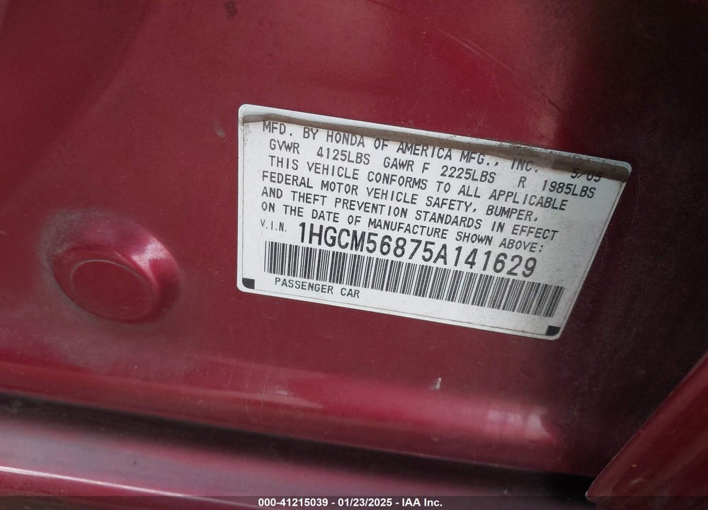 2005 HONDA ACCORD 2.4 EX VIN: 1HGCM56875A141629