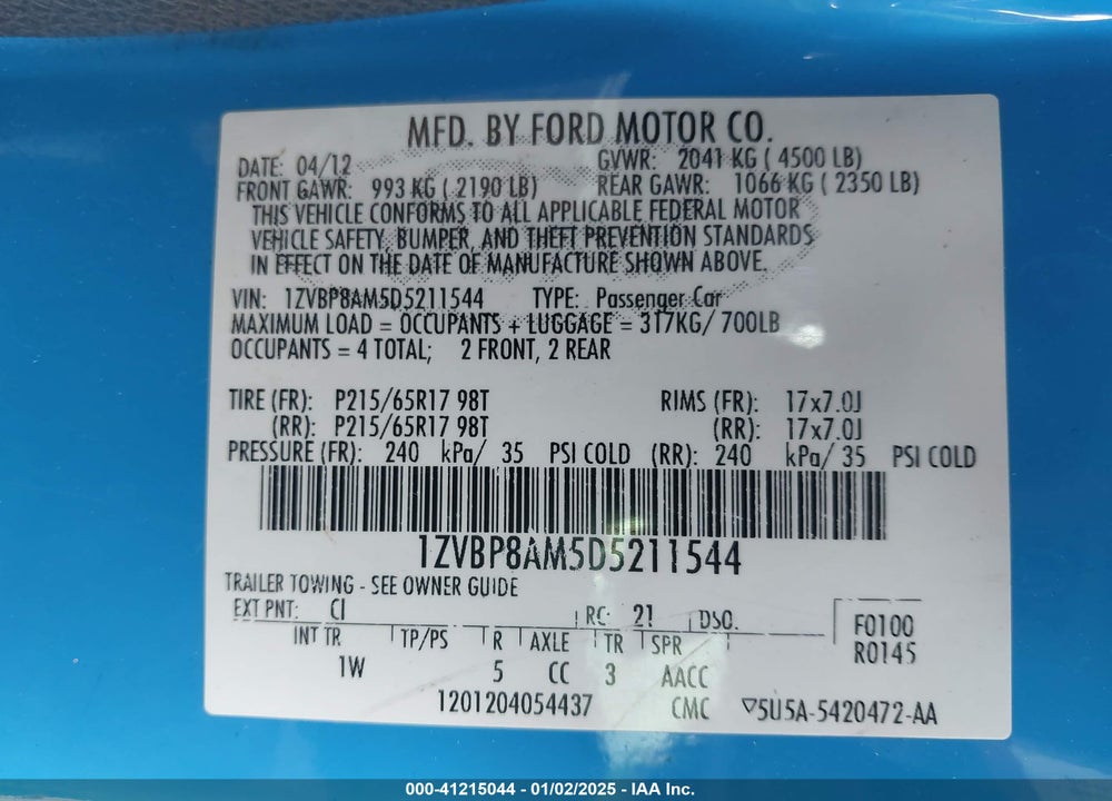 2013 FORD MUSTANG V6 VIN: 1ZVBP8AM5D5211544