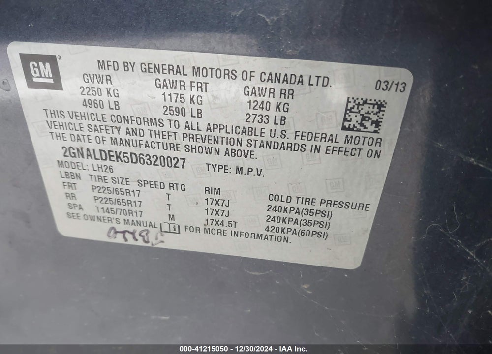 2013 CHEVROLET EQUINOX 1LT VIN: 2GNALDEK5D6320027