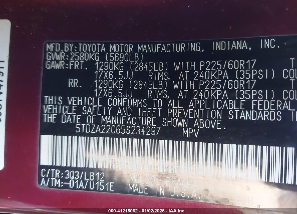 2005 TOYOTA SIENNA XLE LIMITED VIN: 5TDZA22C65S234297