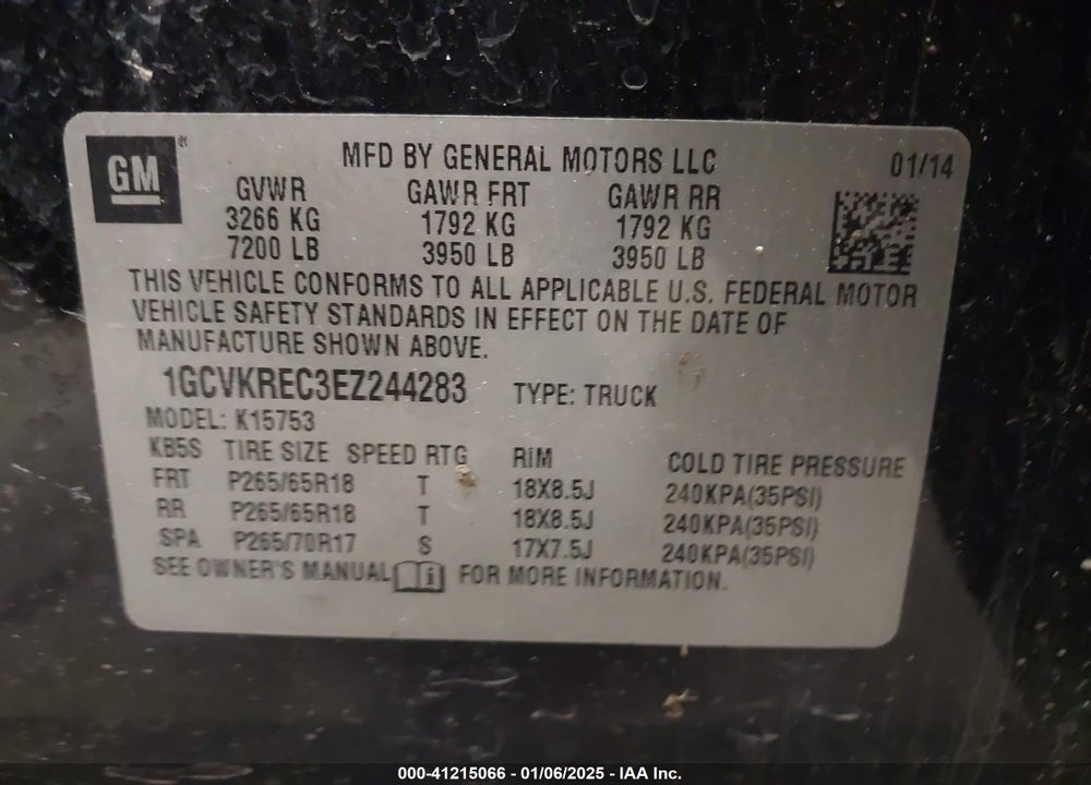 2014 CHEVROLET SILVERADO 1500 2LT VIN: 1GCVKREC3EZ244283