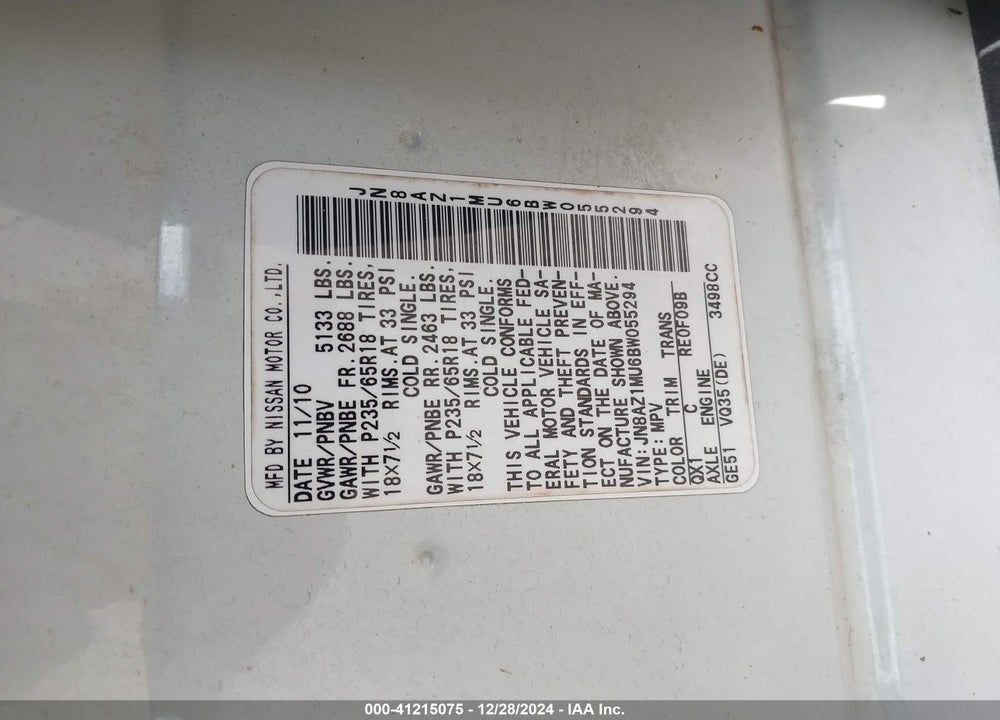 2011 NISSAN MURANO S VIN: JN8AZ1MU6BW055294