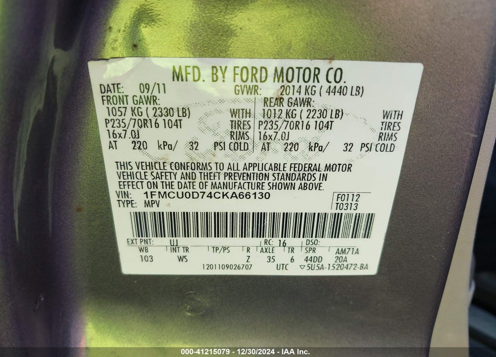2012 FORD ESCAPE XLT VIN: 1FMCU0D74CKA66130