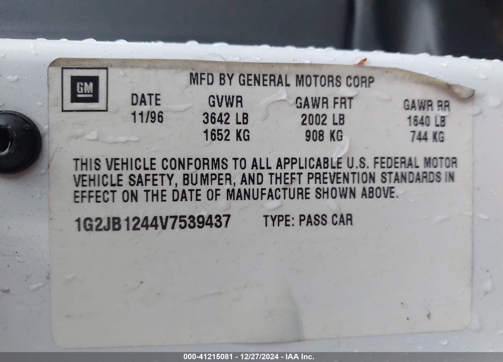 1997 PONTIAC SUNFIRE SE CMI VIN: 1G2JB1244V7539437