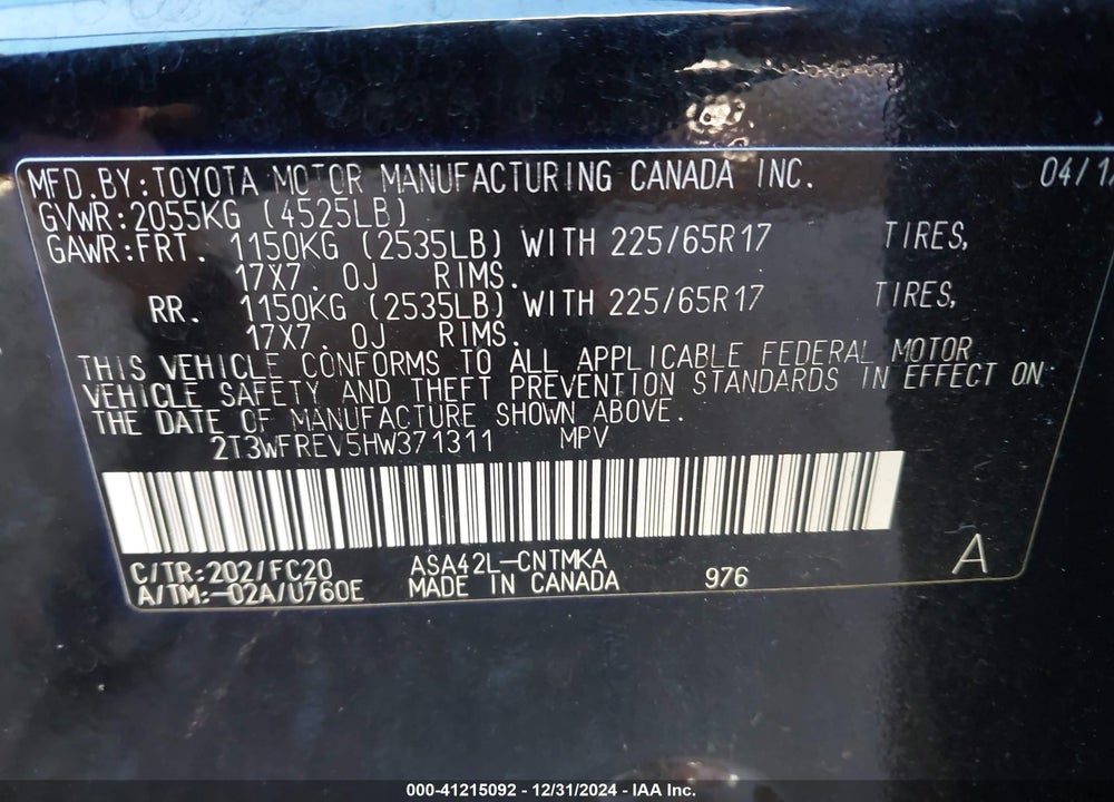 2017 TOYOTA RAV4 XLE VIN: 2T3WFREV5HW371311
