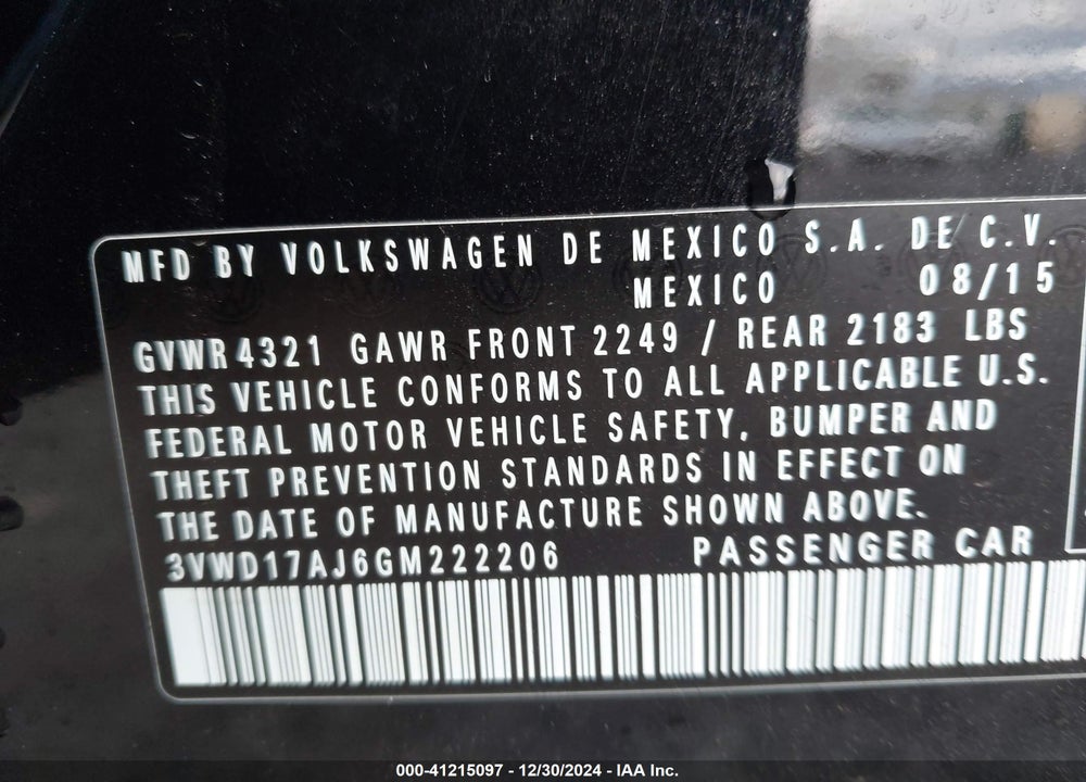 2016 VOLKSWAGEN JETTA 1.8T SPORT VIN: 3VWD17AJ6GM222206