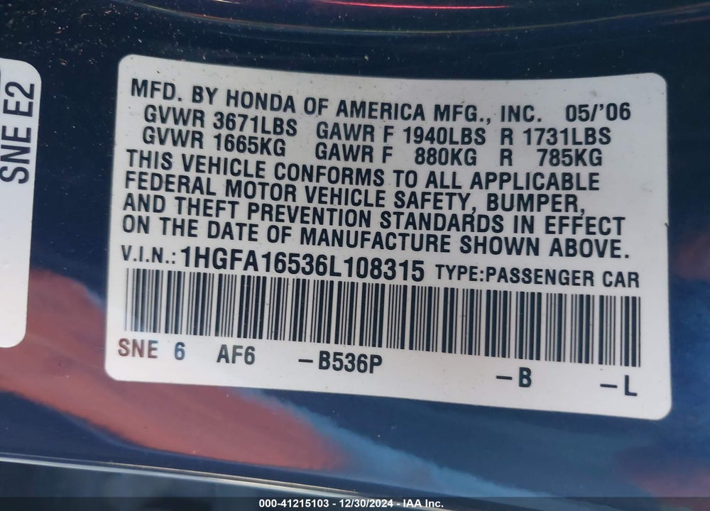 2006 HONDA CIVIC LX VIN: 1HGFA16536L108315