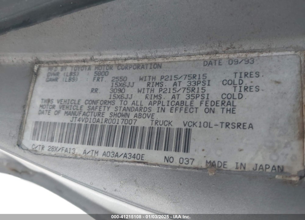 1994 TOYOTA T100 DX VIN: JT4VD10A1R0017007