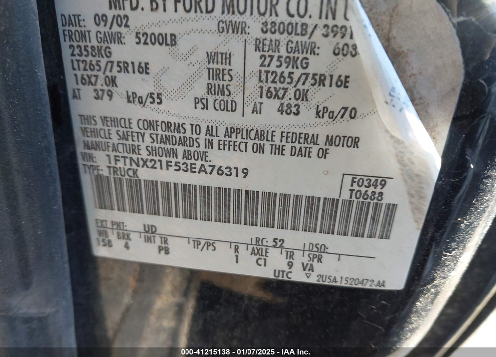 2003 FORD F-250 LARIAT/XL/XLT VIN: 1FTNX21F53EA76319