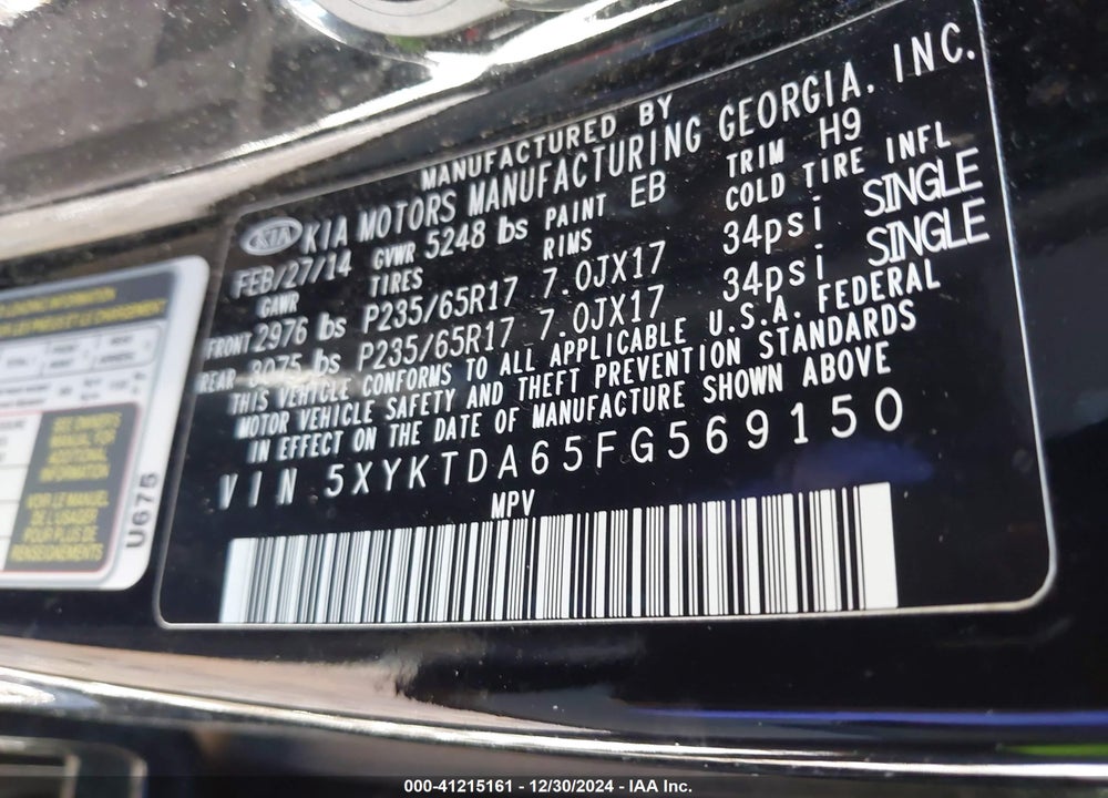 2015 KIA SORENTO LX VIN: 5XYKTDA65FG569150
