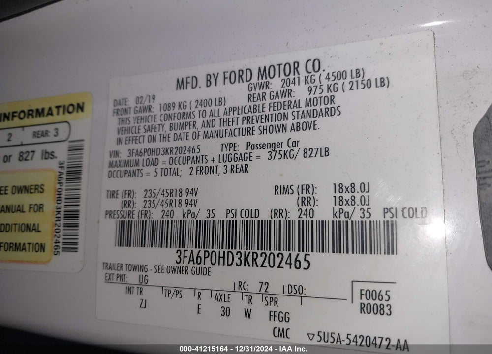 2019 FORD FUSION VIN: 3FA6P0HD3KR202465