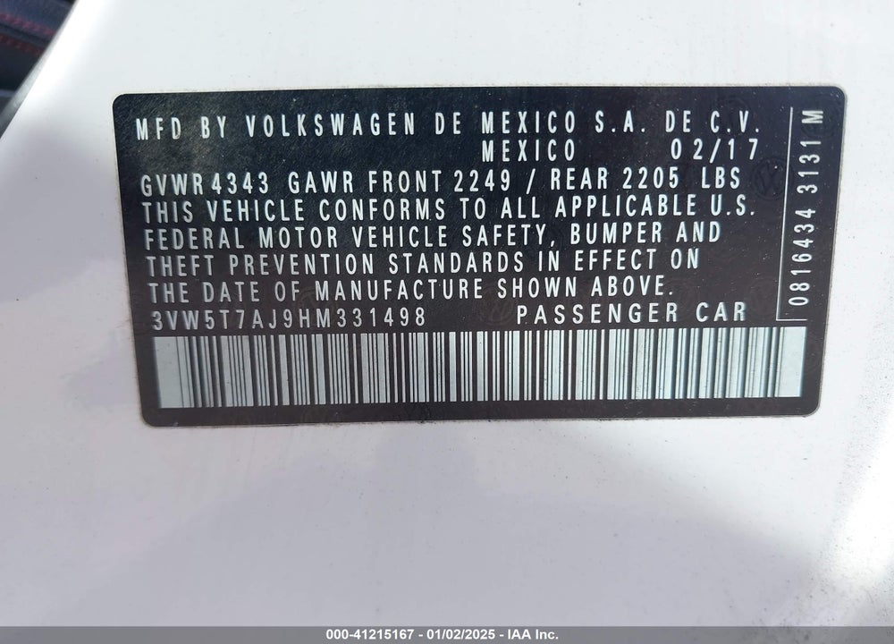 2017 VOLKSWAGEN JETTA GLI VIN: 3VW5T7AJ9HM331498