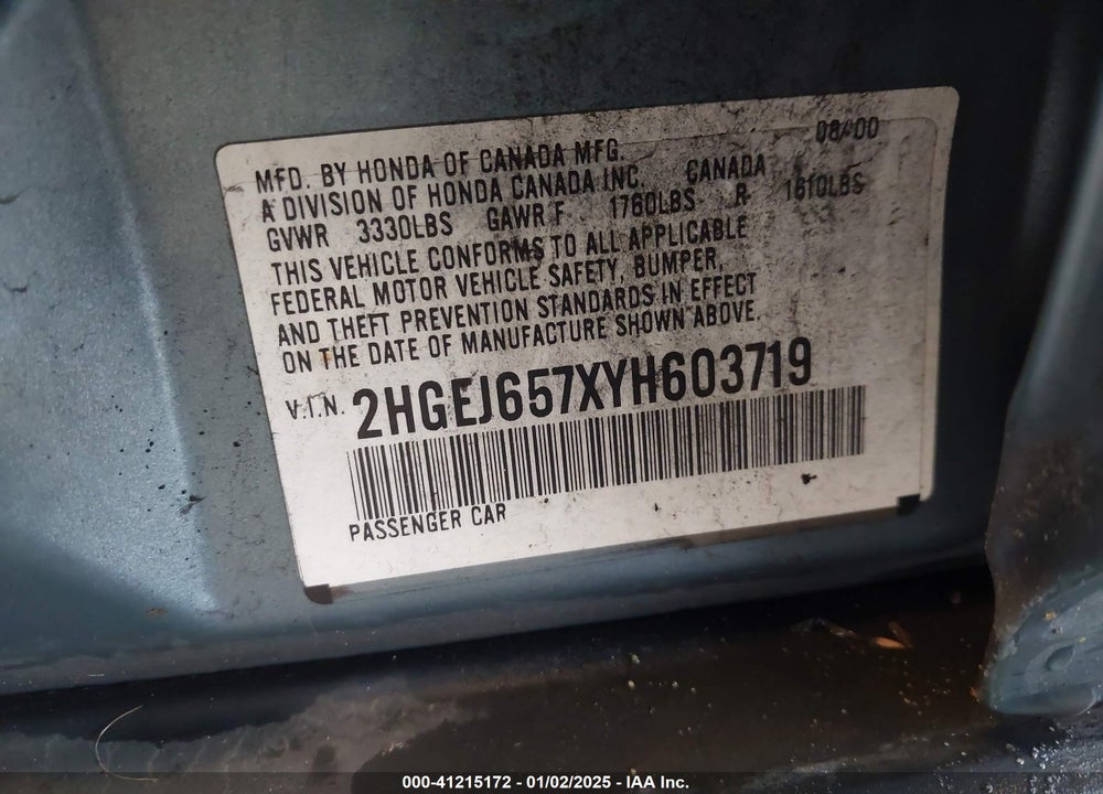 2000 HONDA CIVIC LX VIN: 2HGEJ657XYH603719