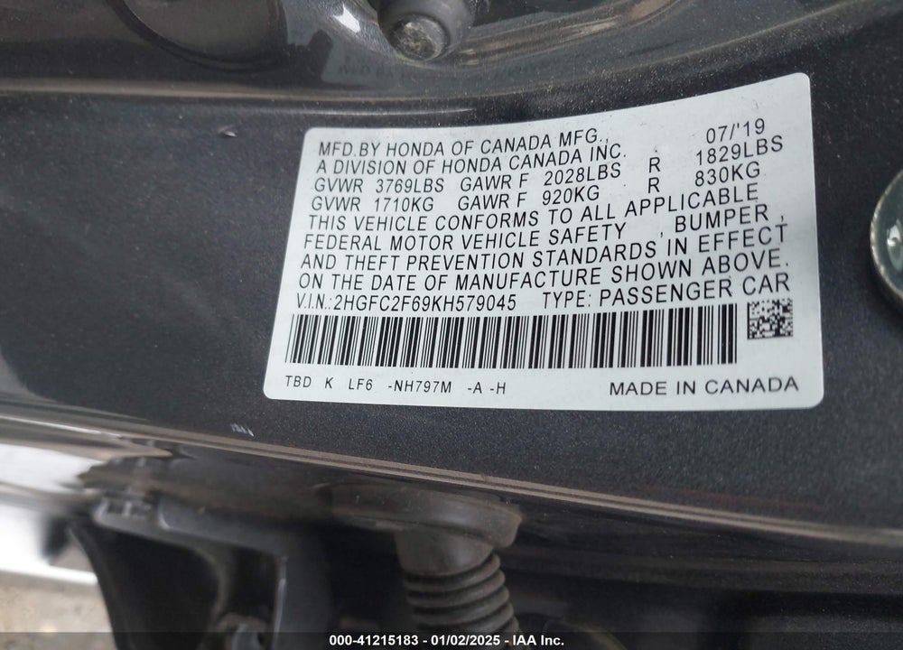 2019 HONDA CIVIC LX VIN: 2HGFC2F69KH579045