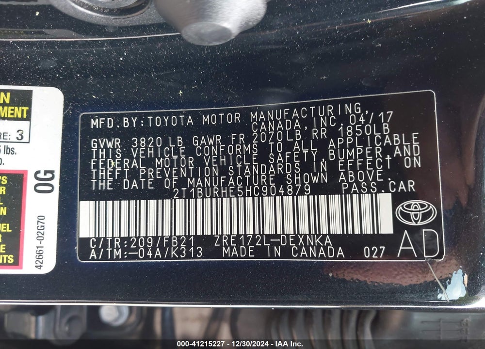 2017 TOYOTA COROLLA LE VIN: 2T1BURHE5HC904879