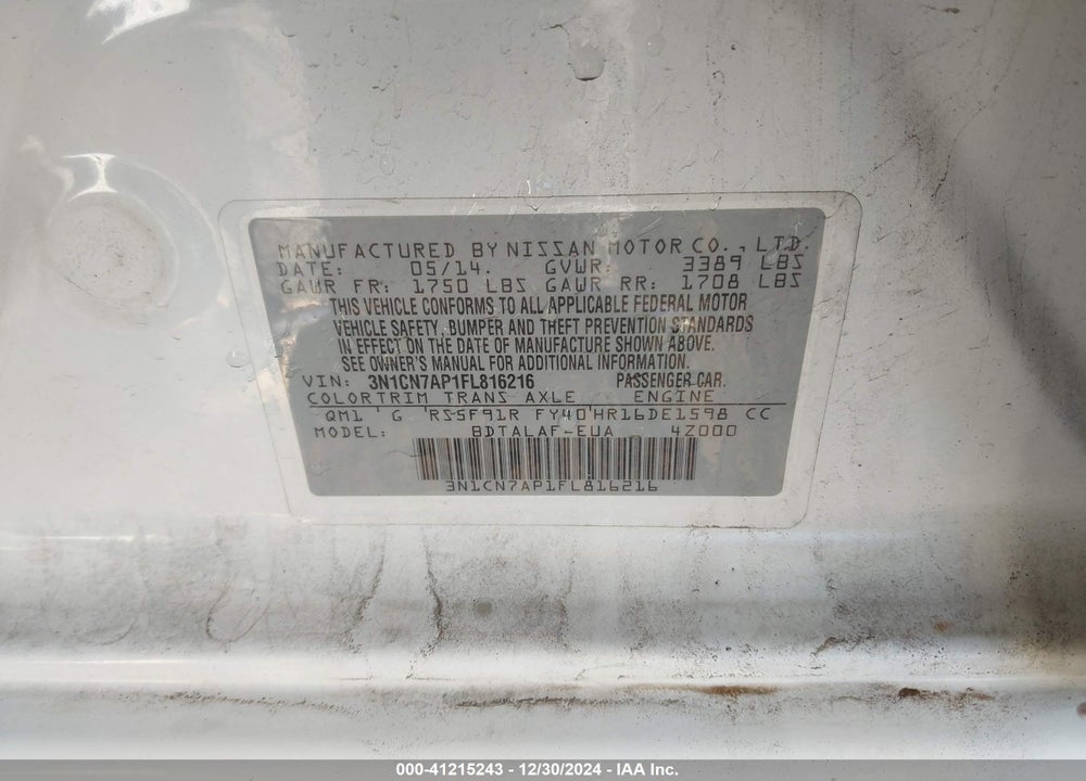 2015 NISSAN VERSA 1.6 S+ VIN: 3N1CN7AP1FL816216