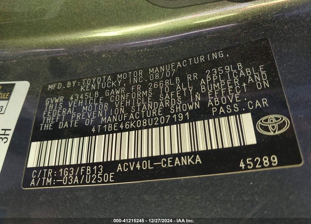 2008 TOYOTA CAMRY CE/LE/XLE/SE VIN: 4T1BE46K08U207191