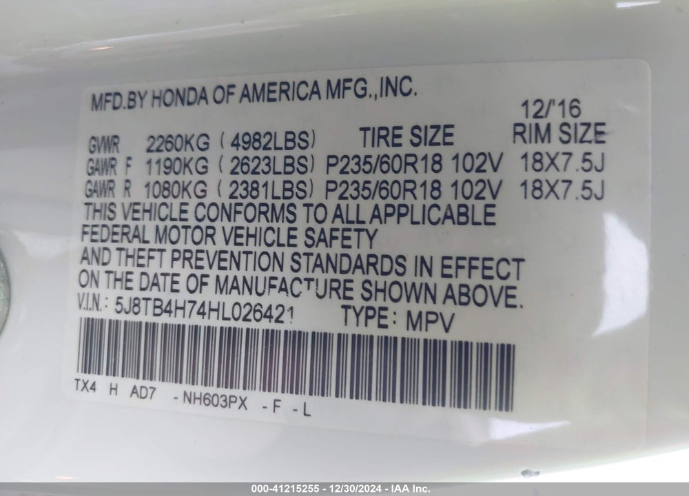 2017 ACURA RDX ADVANCE PACKAGE VIN: 5J8TB4H74HL026421