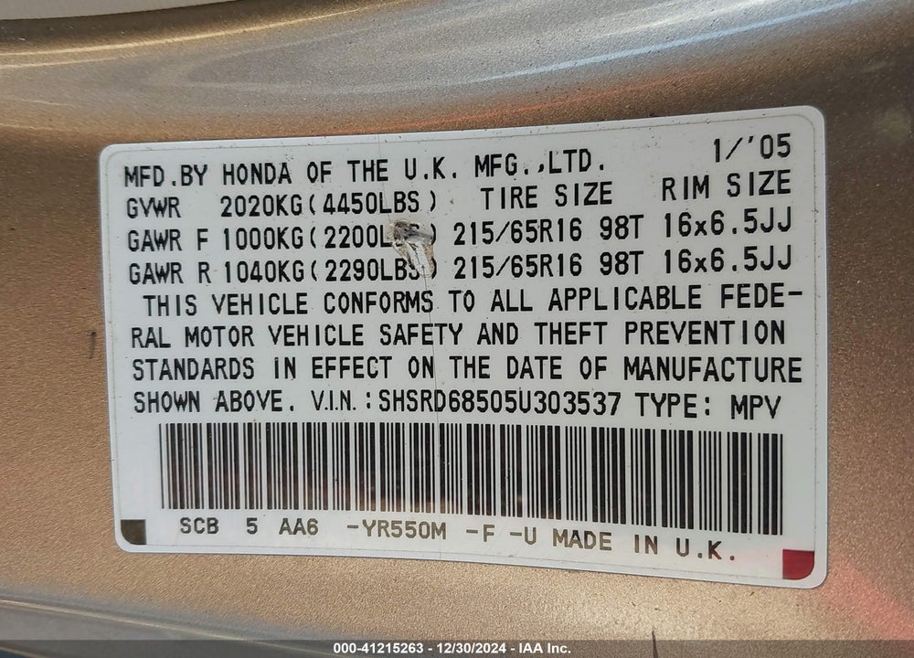 2005 HONDA CR-V LX VIN: SHSRD68505U303537