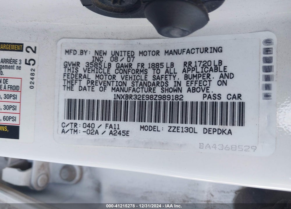 2008 TOYOTA COROLLA VIN: 1NXBR32E98Z989182