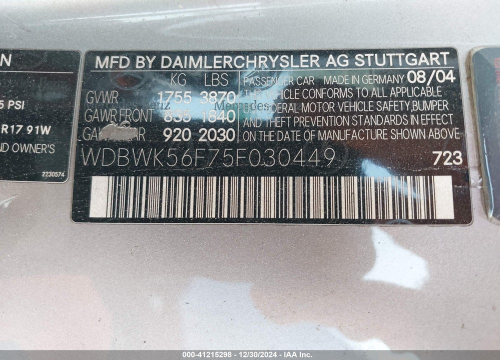 2005 MERCEDES-BENZ SLK 350 VIN: WDBWK56F75F030449