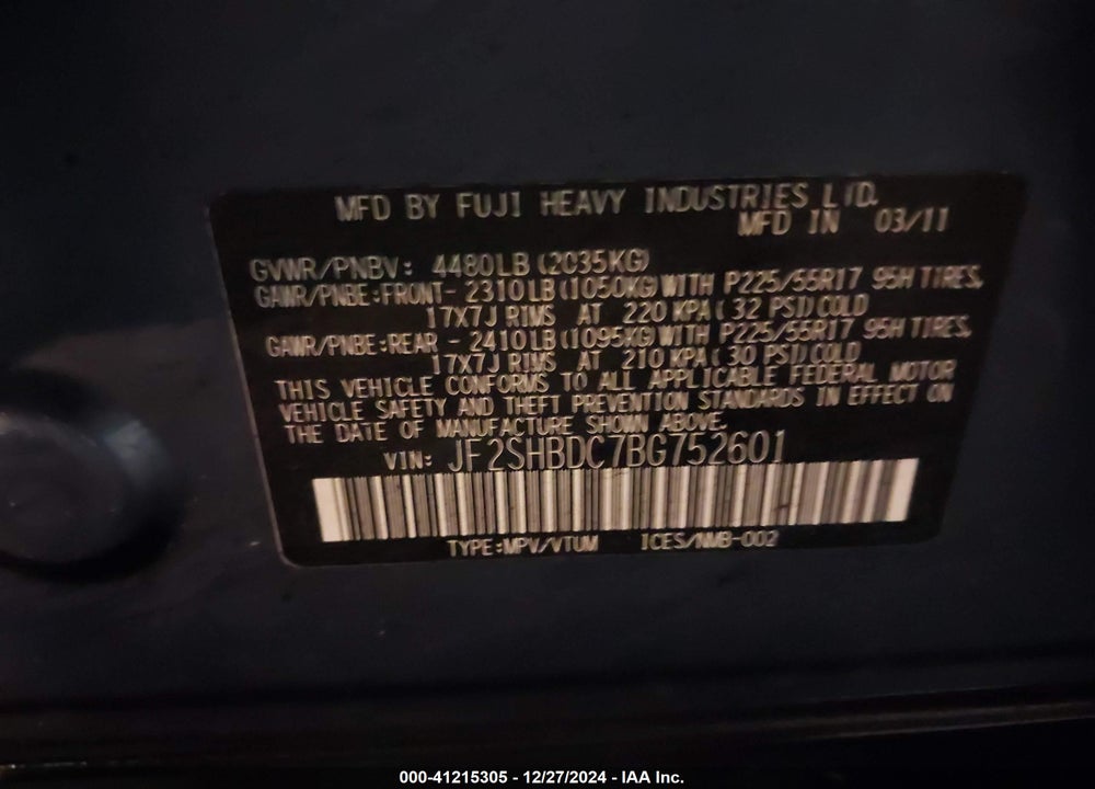 2011 SUBARU FORESTER 2.5X PREMIUM VIN: JF2SHBDC7BG752601