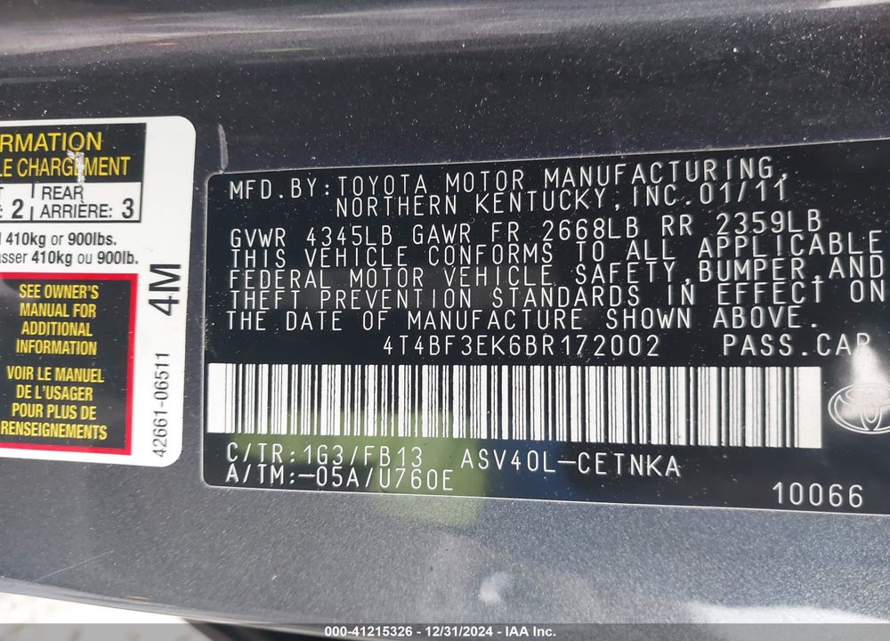 2011 TOYOTA CAMRY VIN: 4T4BF3EK6BR172002