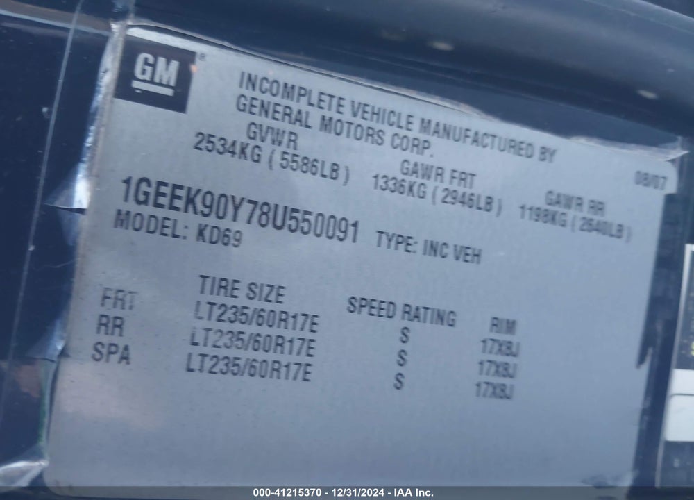 2008 CADILLAC PROFESSIONAL CHASSIS VIN: 1GEEK90Y78U550091