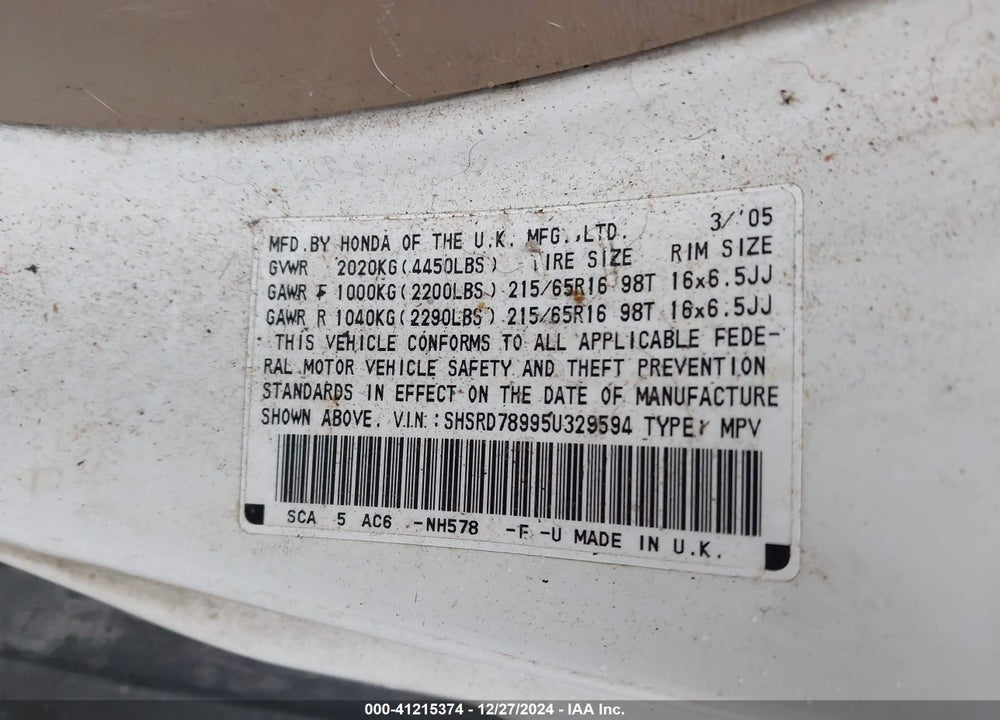 2005 HONDA CR-V SE VIN: SHSRD78995U329594