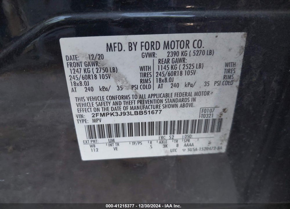 2020 FORD EDGE SEL VIN: 2FMPK3J93LBB51677
