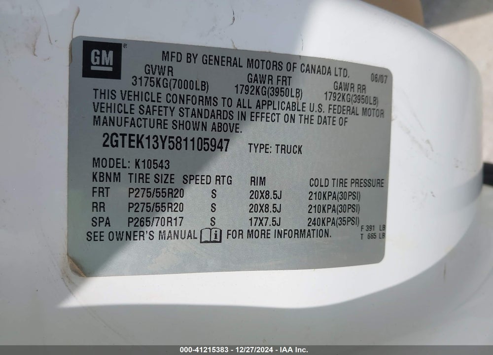 2008 GMC SIERRA 1500 SLT VIN: 2GTEK13Y581105947