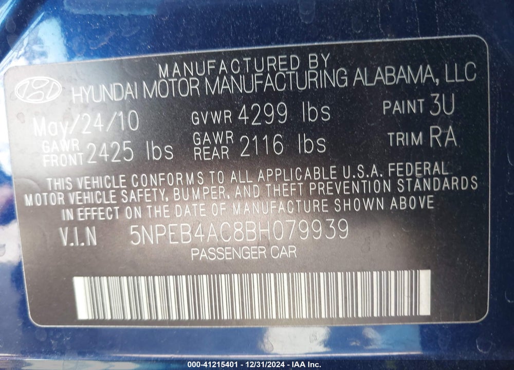 2011 HYUNDAI SONATA GLS VIN: 5NPEB4AC8BH079939