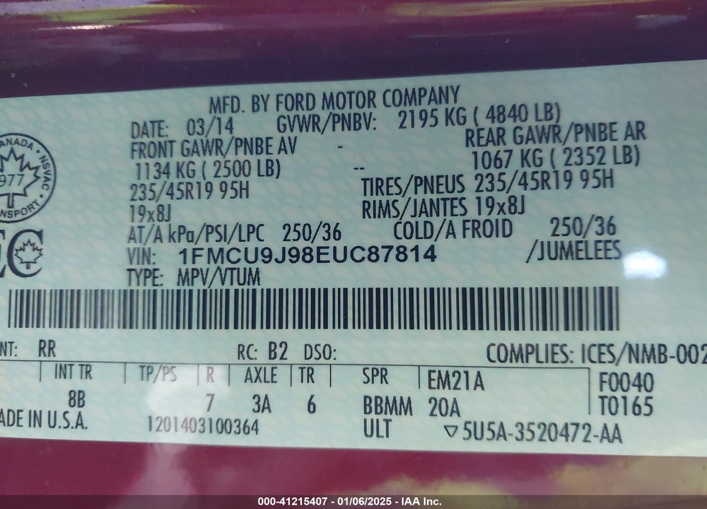 2014 FORD ESCAPE VIN: 1FMCU9J98EUC87814
