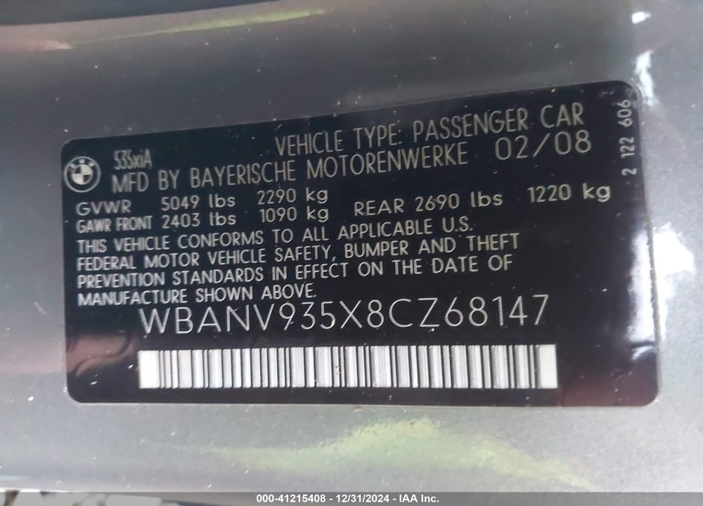 2008 BMW 535 XI VIN: WBANV935X8CZ68147