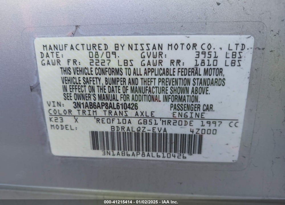 2010 NISSAN SENTRA 2.0/2.0S/SR/2.0SL VIN: 3N1AB6AP8AL610426