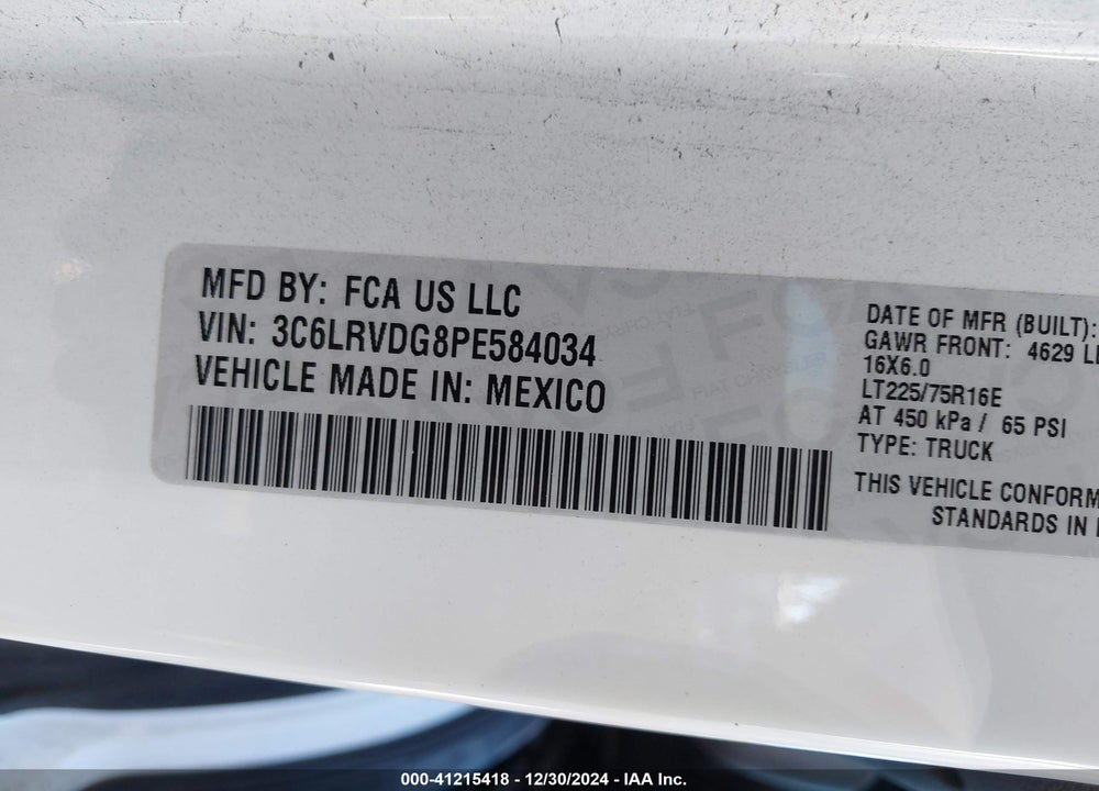 2023 RAM PROMASTER 2500 HIGH ROOF 159 WB VIN: 3C6LRVDG8PE584034