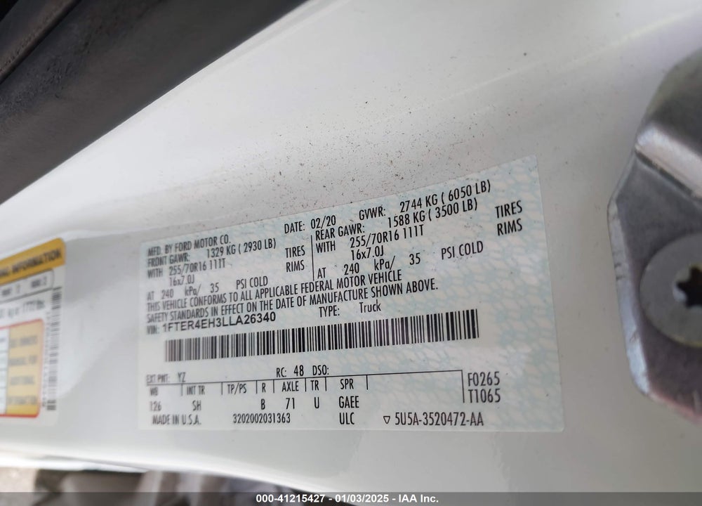 2020 FORD RANGER VIN: 1FTER4EH3LLA26340